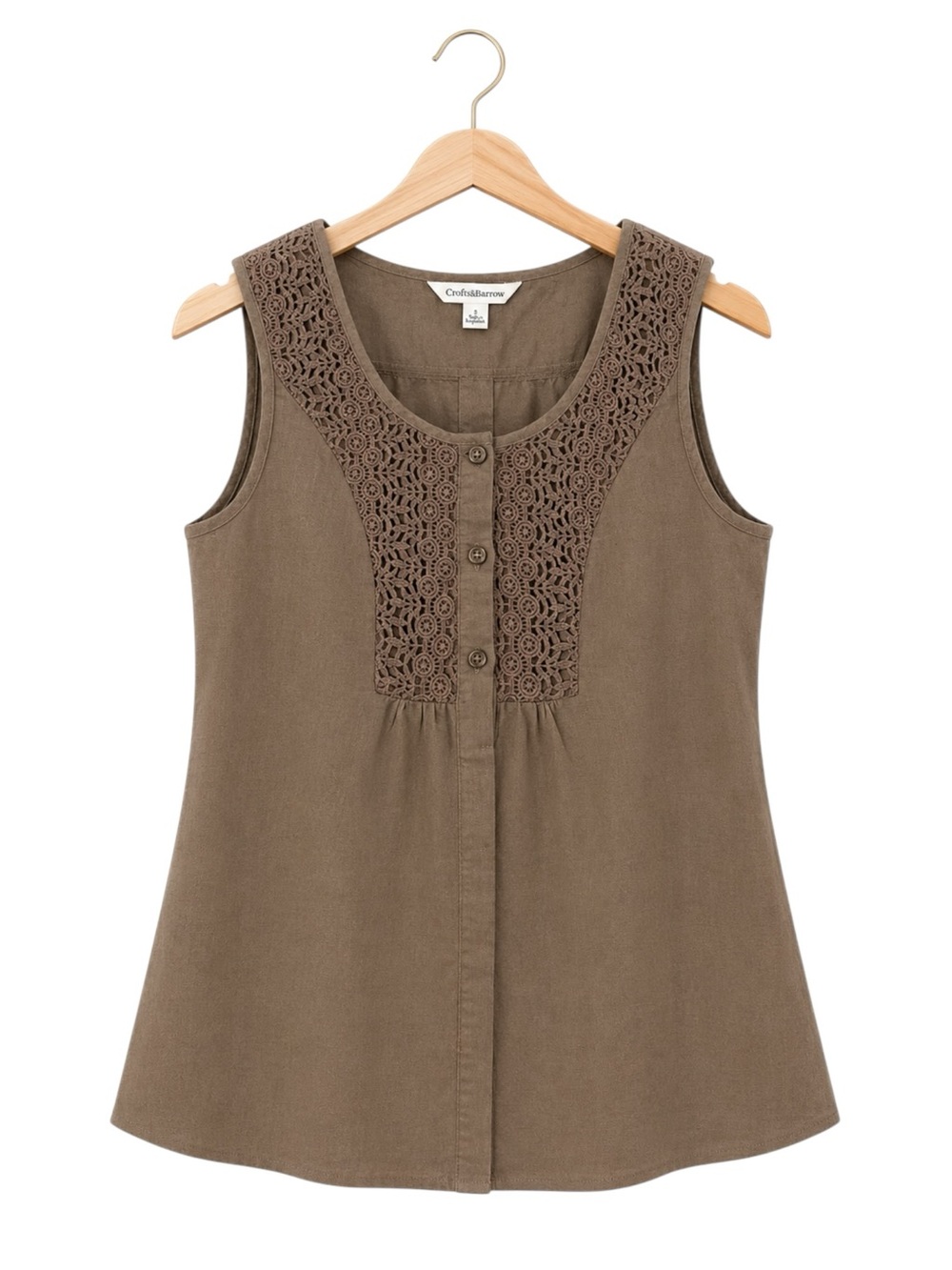 Linen Blend Crochet Lace Tank Top Brown Tie Back‎ Small Cottagecore Coastal